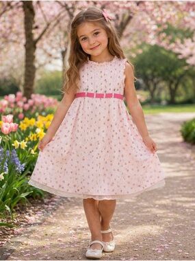 Little Bitty Pink Floral Bow-Accent Sleeveless Prairie Dress - see measurements